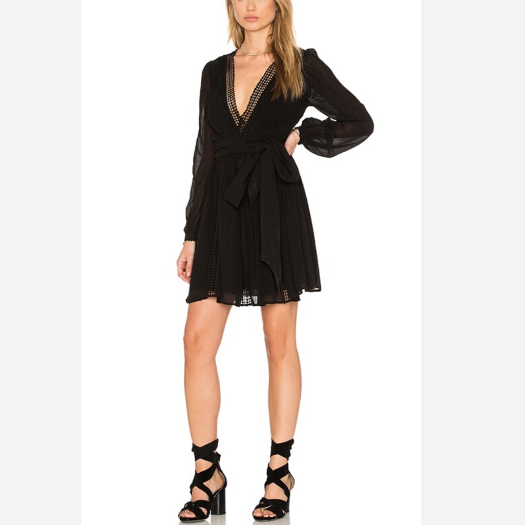 Rebecca Minkoff Lolo Mini Dress Sz 6 Women Boho Black Cupro Crochet Long Sleeve